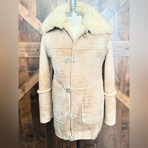 Vintage 70s Overland Western Style Suede Shearling Sheepskin Ranch Coat Size 38